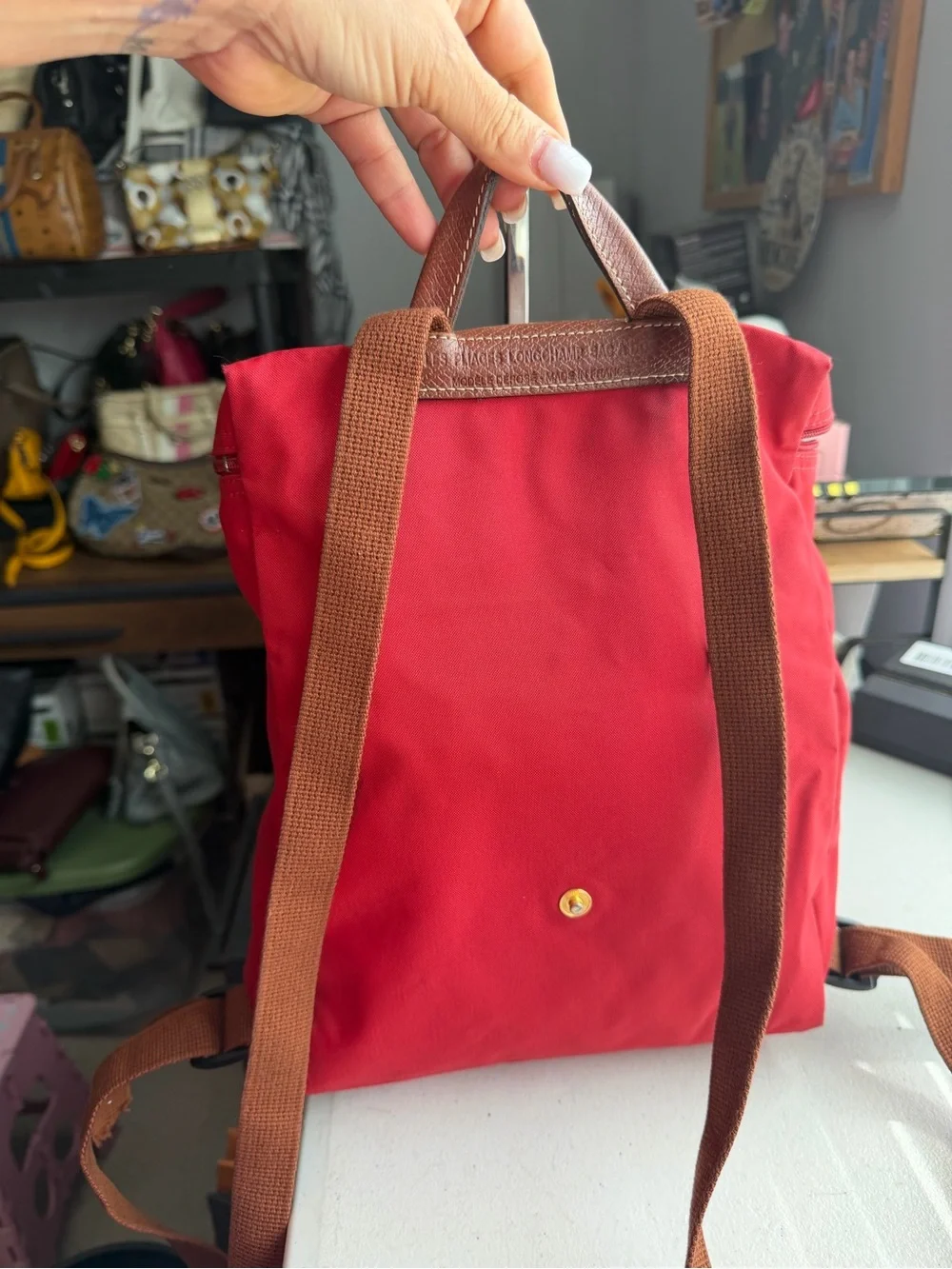 Longchamp Le Pliage Red Backpack with Brown Trim